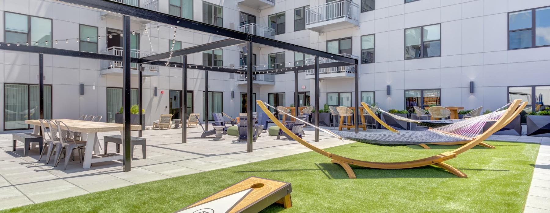 a building with tables and chairs